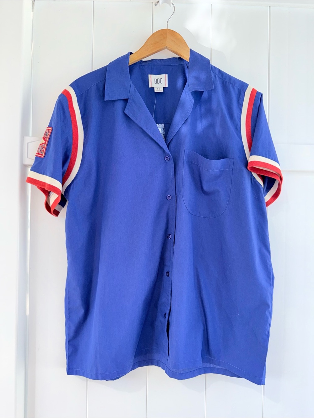 BDG Blue Short Sleeve Shirt with Red & White Striped Trim